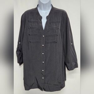 Kathy Che Stretch 18/20W Button Down V Neck Top Adjustable Sleeves Black
